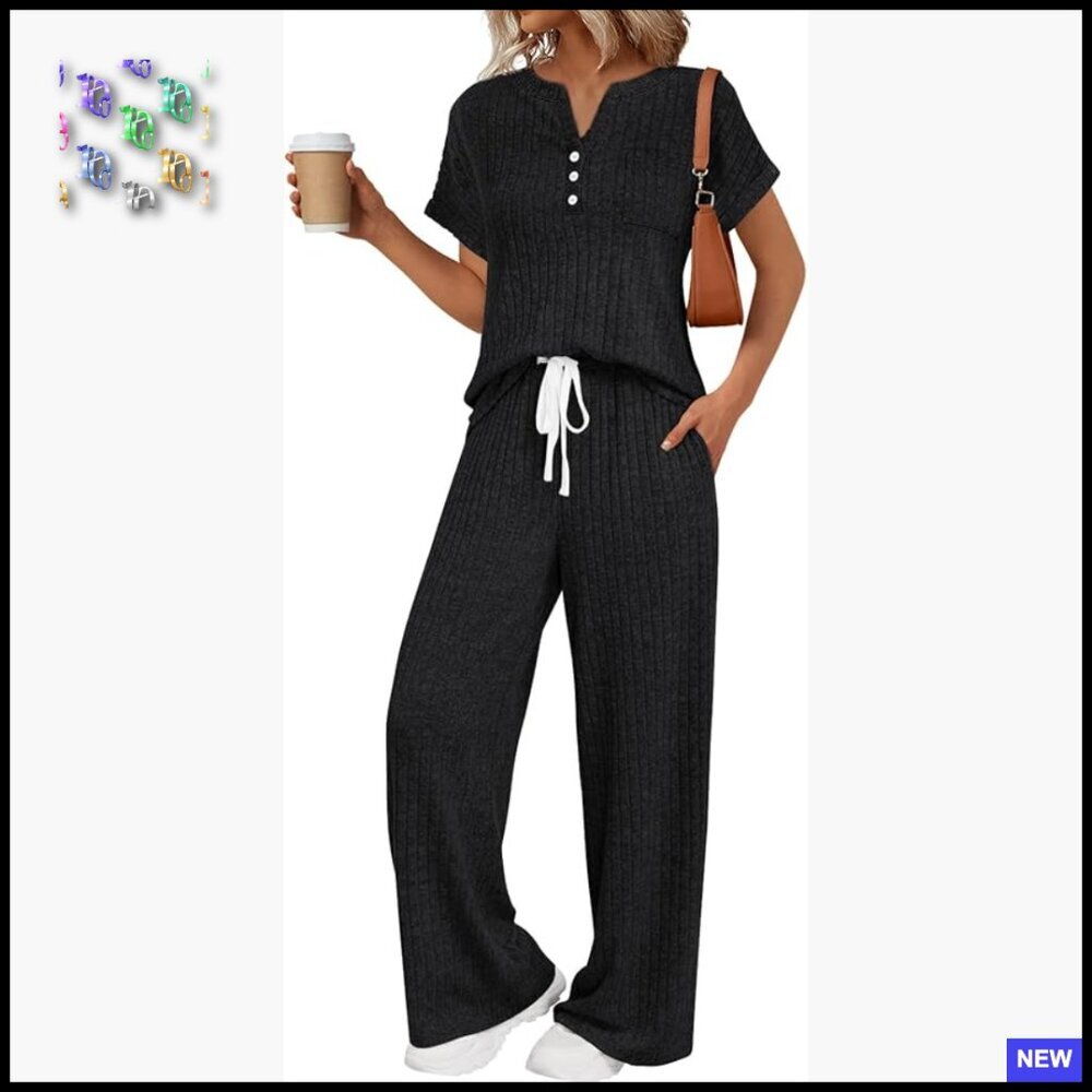 Wide Leg Lounge Set Henley Neck Casual Sweat Suit Two Piece Matching